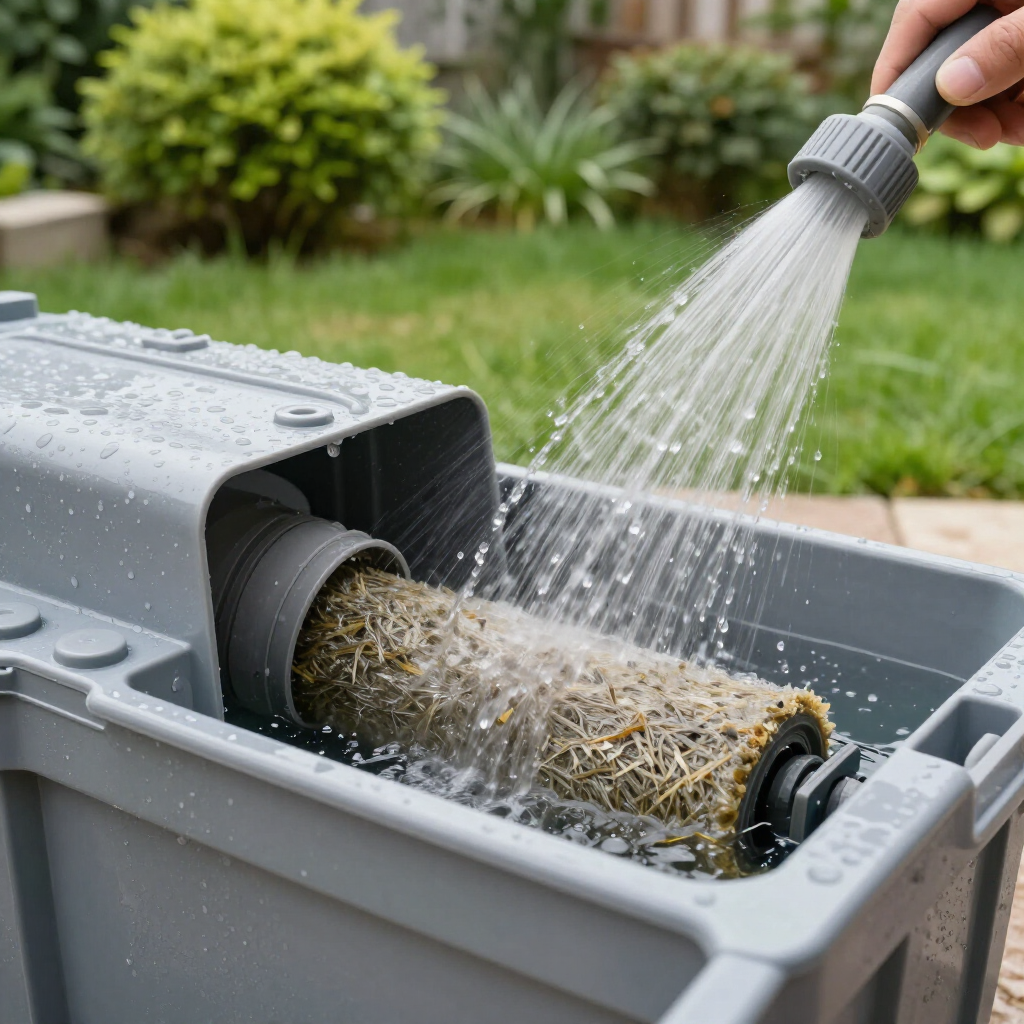 A dirty pond filter being rinsed with a hose outdoors in a garden.