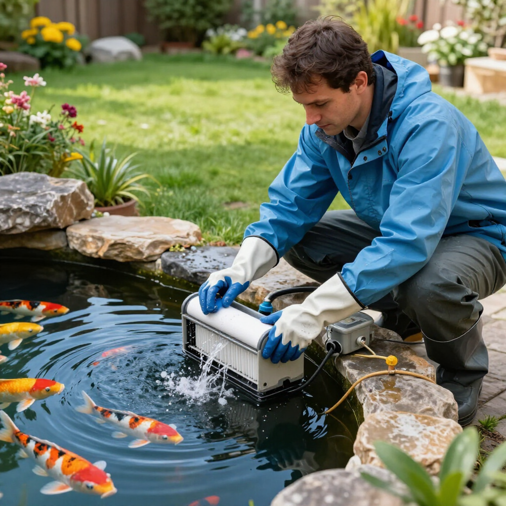 Man cleaning a koi pond filter beside colorful fish and rocks in a garden pond