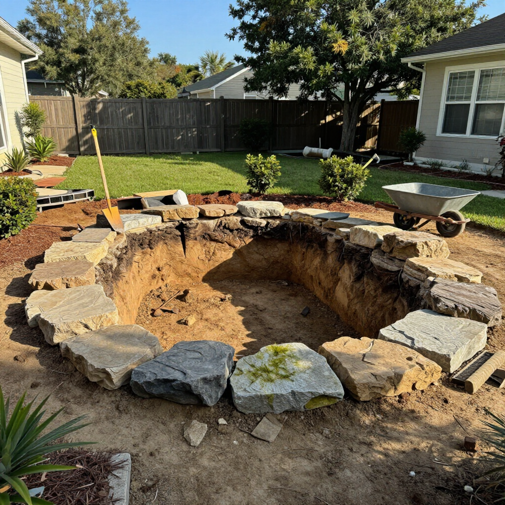 Backyard with a large stone-lined pit under construction, surrounded by dirt and lawn