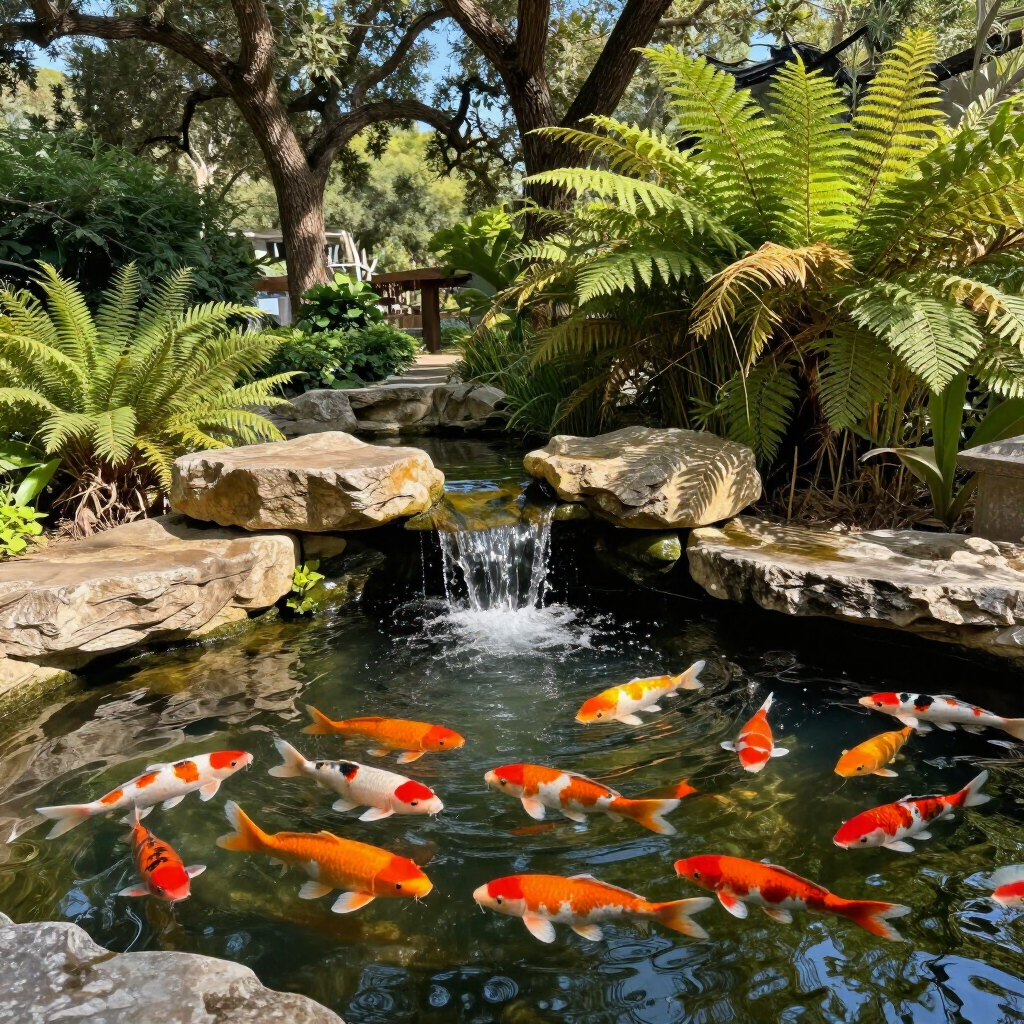 Koi fish swimming in a pond beneath a small waterfall, surrounded by rocks and lush greenery