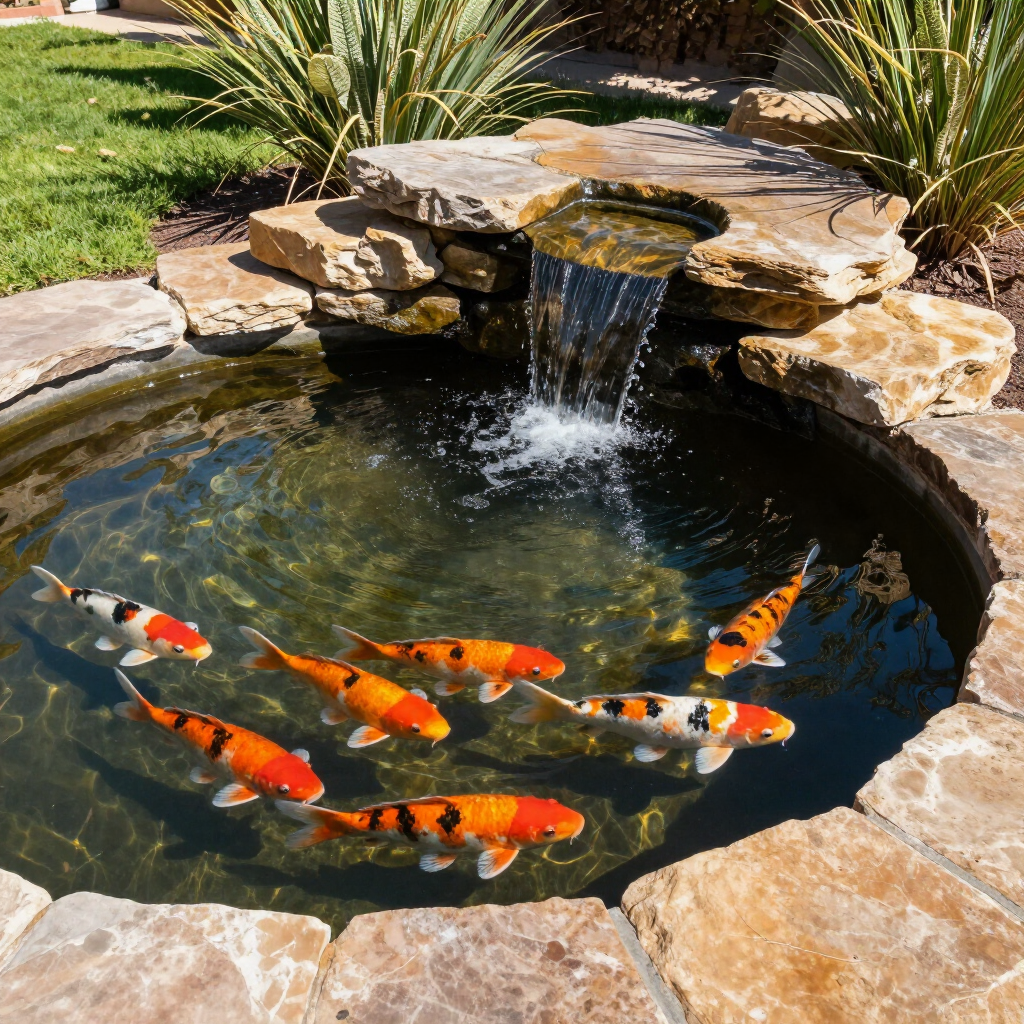 Koi fish swimming in a small backyard pond with a stone waterfall and surrounding rocks