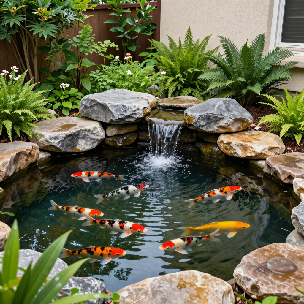 Koi fish swimming in a small backyard pond with a stone waterfall and lush green plants