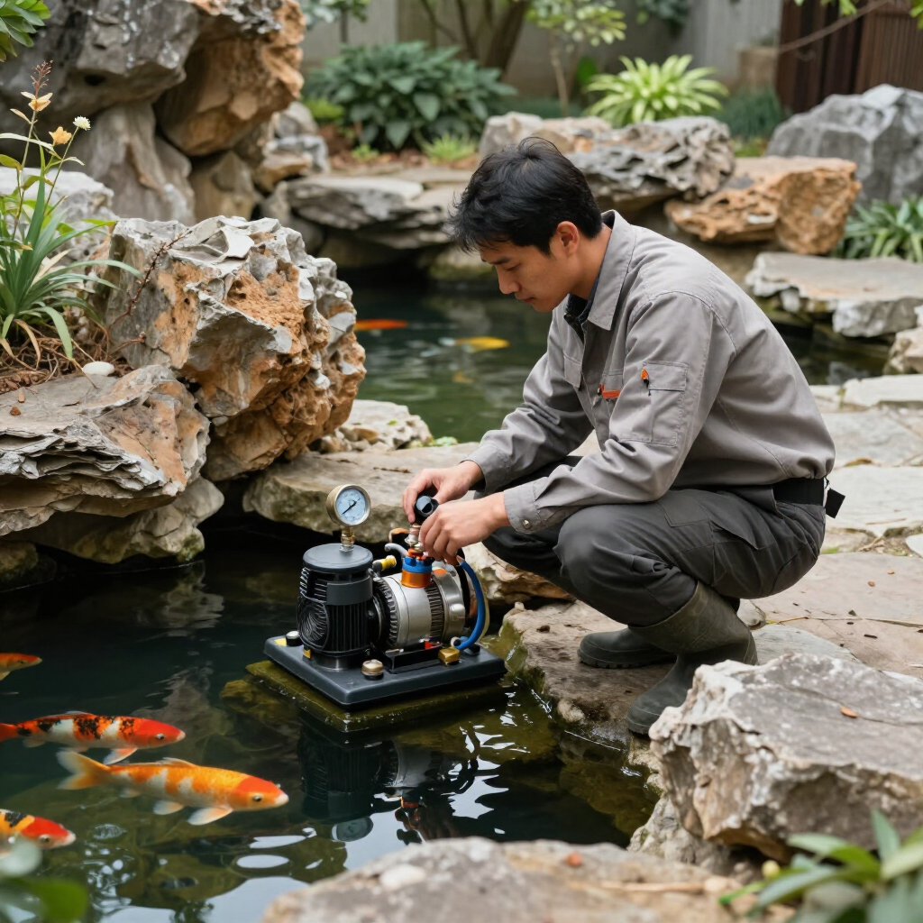 Person kneels by a garden pond, adjusting a small pump among rocks and koi fish.
