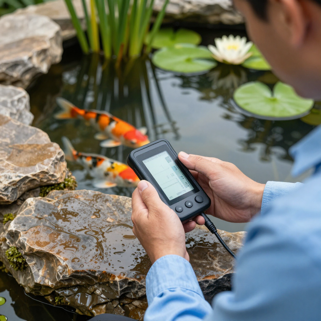 Person using a handheld device beside a koi pond with rocks, water lilies, and orange fish