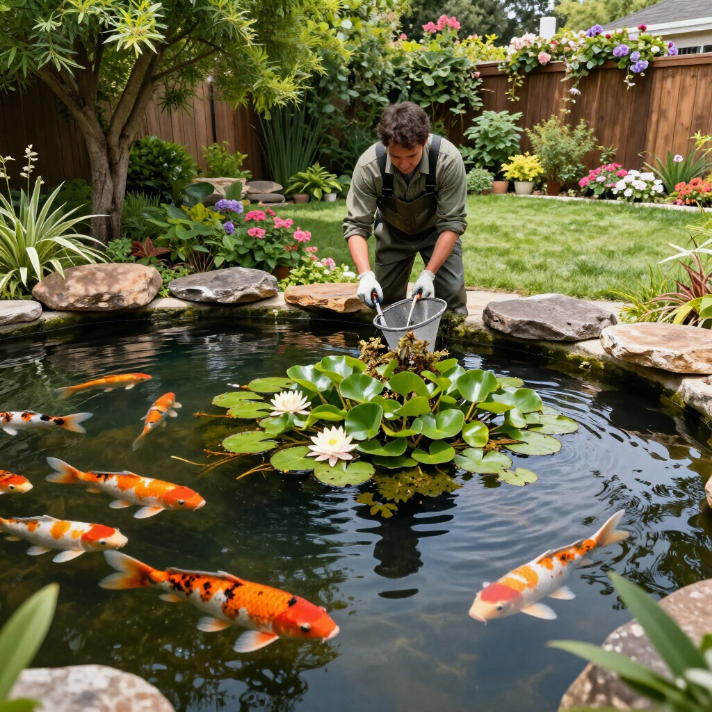 Person feeding koi in a garden pond surrounded by lilies and flowers