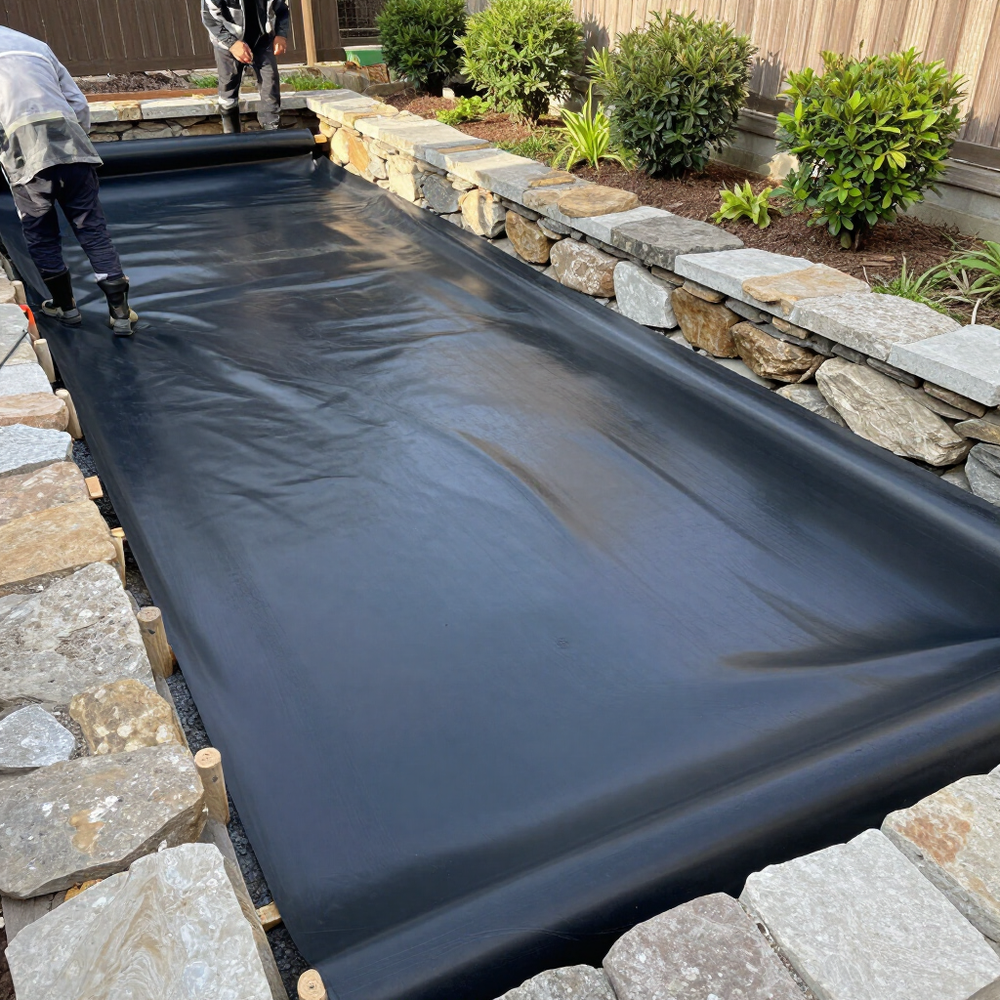 Workers installing black landscape fabric along a garden bed beside stone edging.