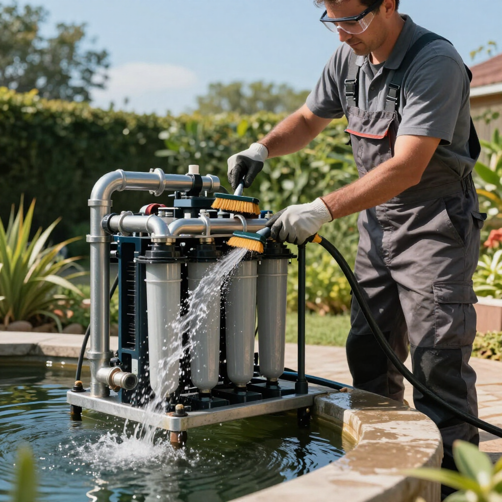 Technician cleaning a pool filtration system beside a backyard pool, with water spraying out.
