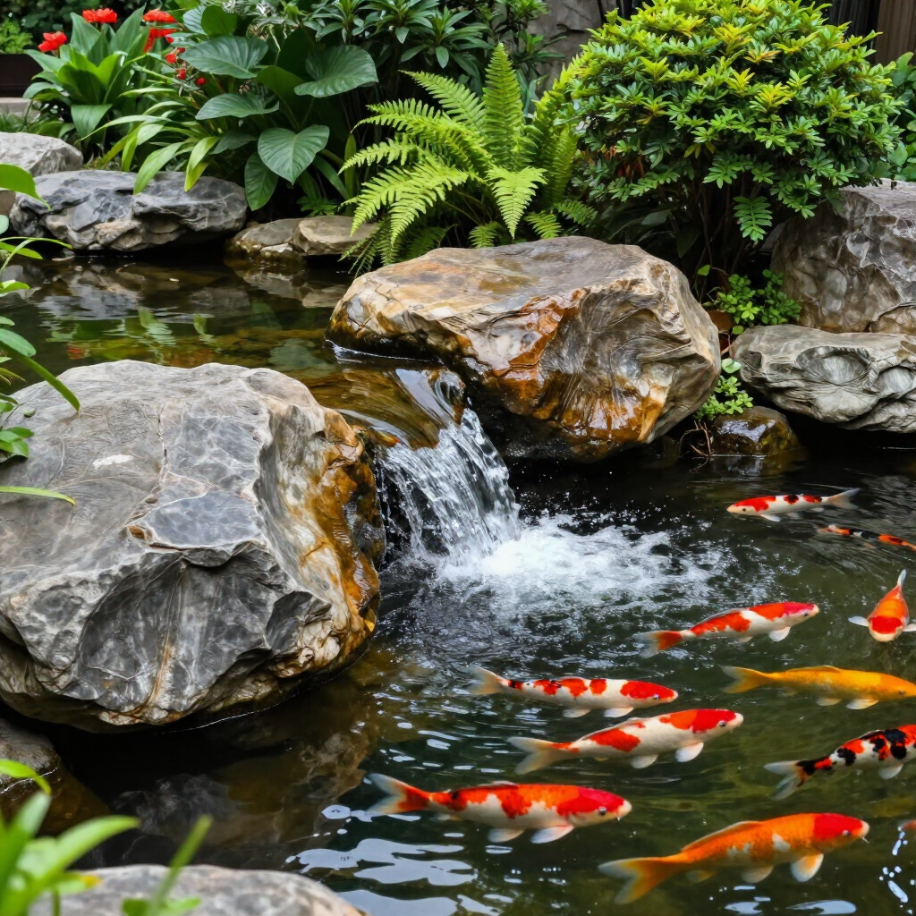 Koi fish swimming in a garden pond beside rocks, ferns, and flowering plants