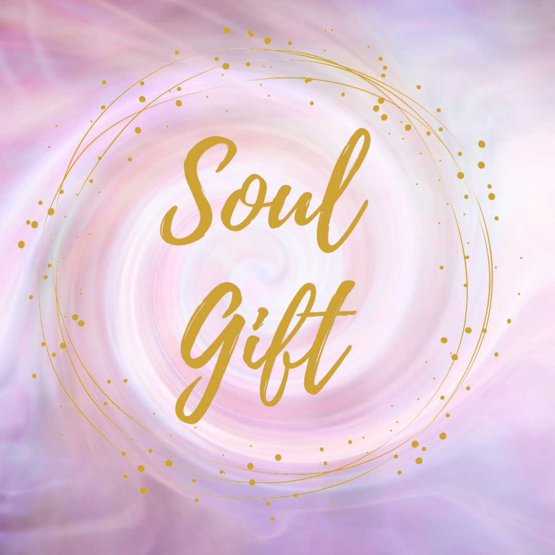 Gouden letters "Soul Gift" op een wervelende, lichtpaarse achtergrond met een gouden stippenring.