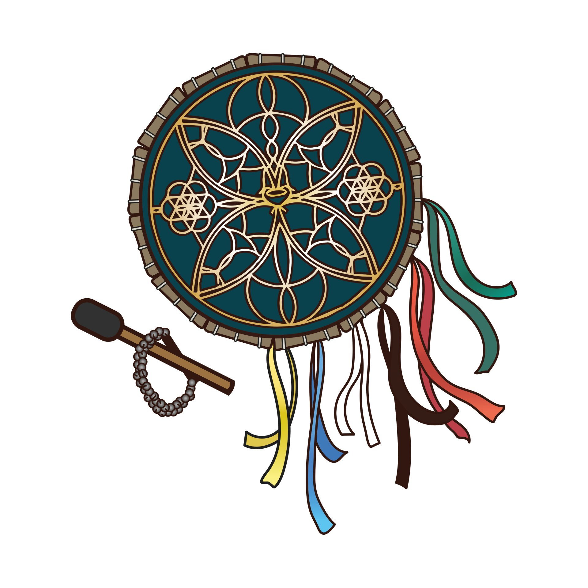 Gedetailleerde turquoise trommel met gouden versieringen, houten hamer en kleurrijke linten.
