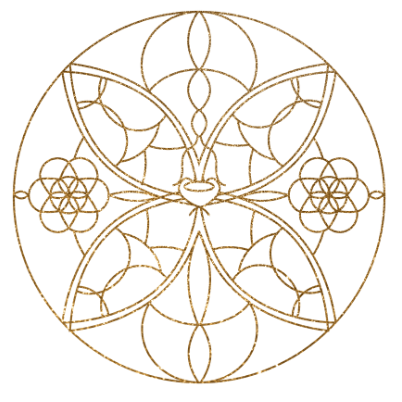 Gouden geometrische mandala met bloem- en bladmotieven in een cirkel.
