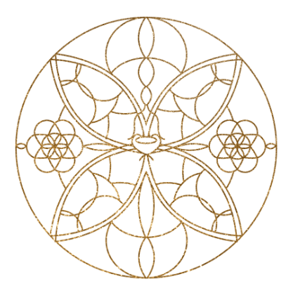 Gouden mandala-ontwerp met herhalende bloemen- en geometrische patronen in een cirkel.
