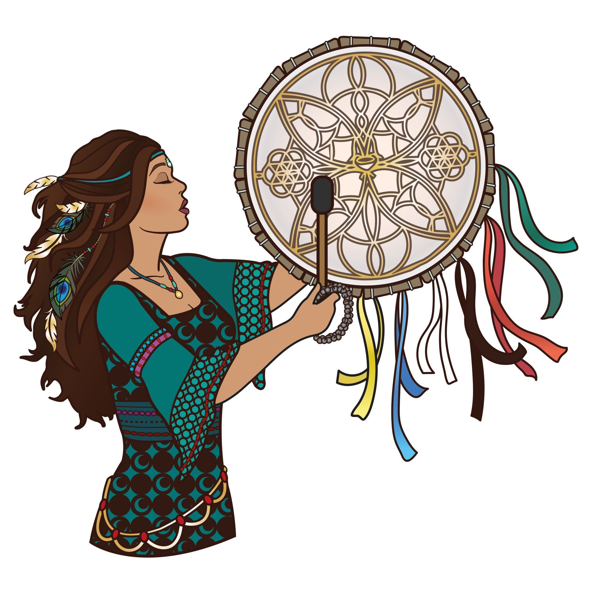 Vrouw die op een versierde trommel speelt, met gesloten ogen, in turquoise en bruine tinten, met kleurrijke linten eraan.