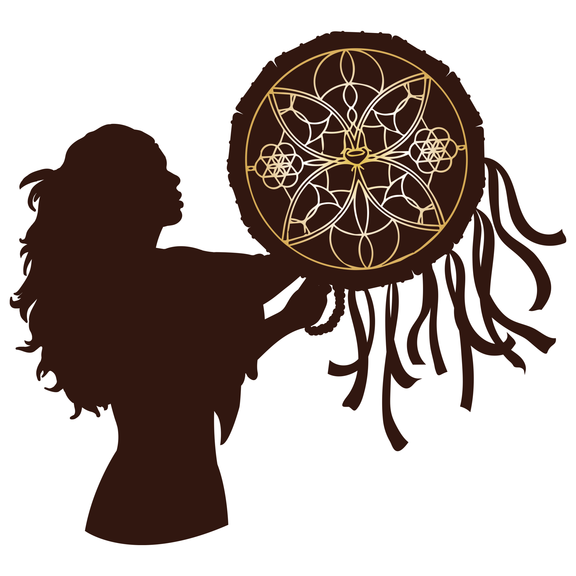 Silhouet van een persoon die een decoratieve dromenvanger vasthoudt.