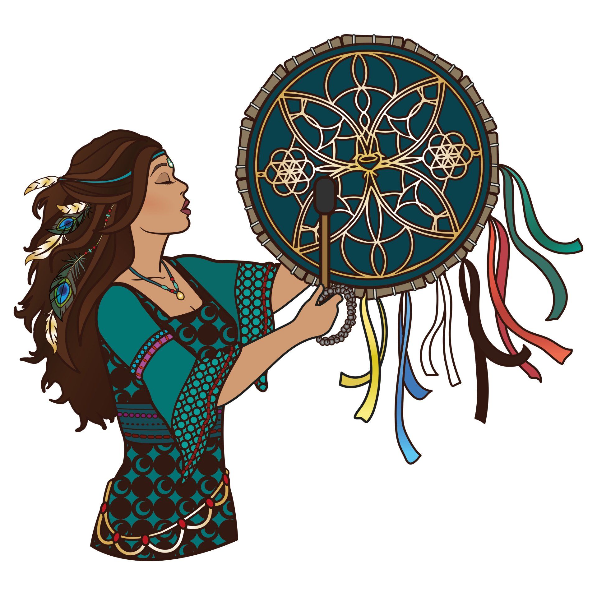 Vrouw met lang, bruin haar die op een grote turquoise trommel met kleurrijke linten speelt.