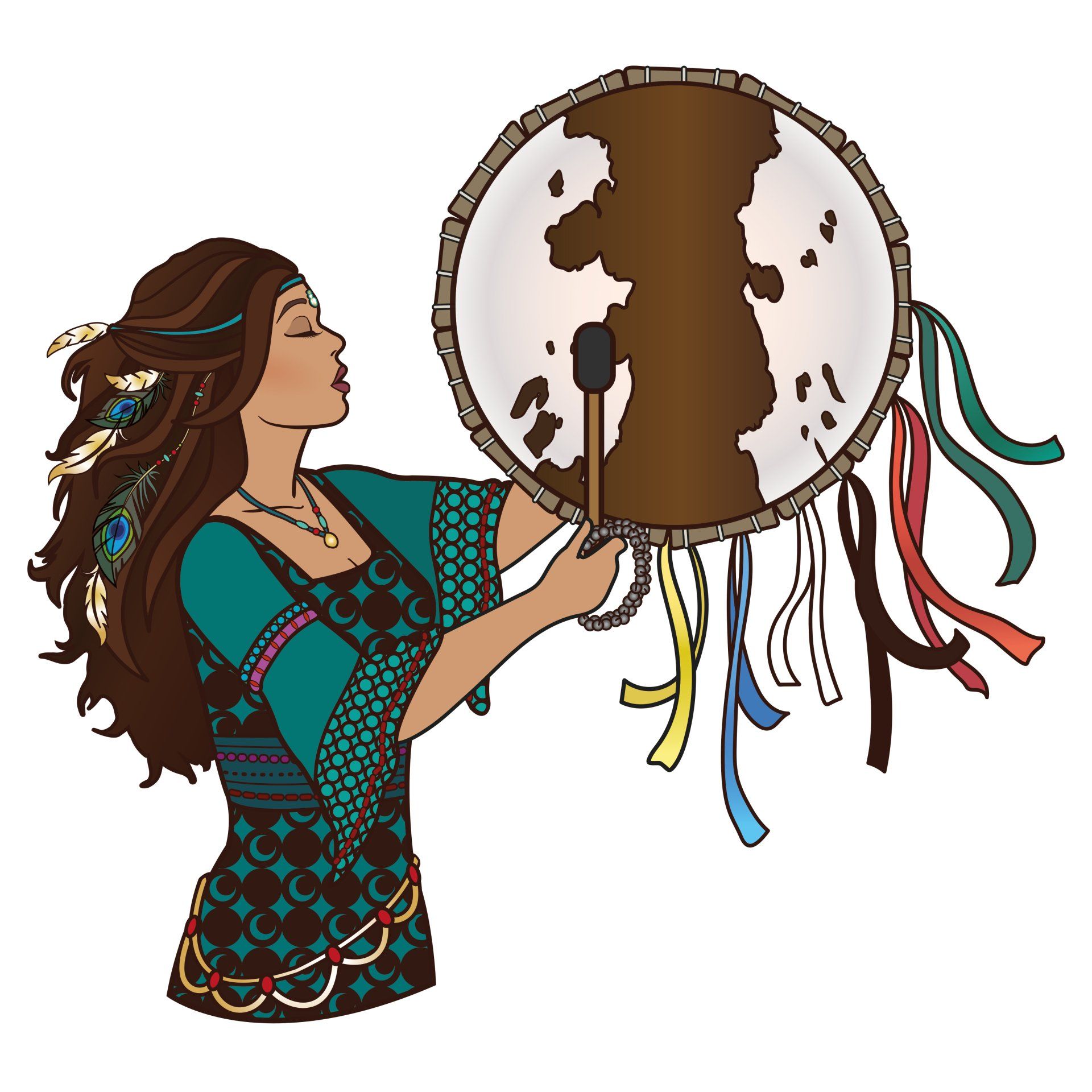 Vrouw die op een ronde trommel speelt, gekleed in een turquoise jurk met linten, veren in haar haar; gesloten ogen, buiten.