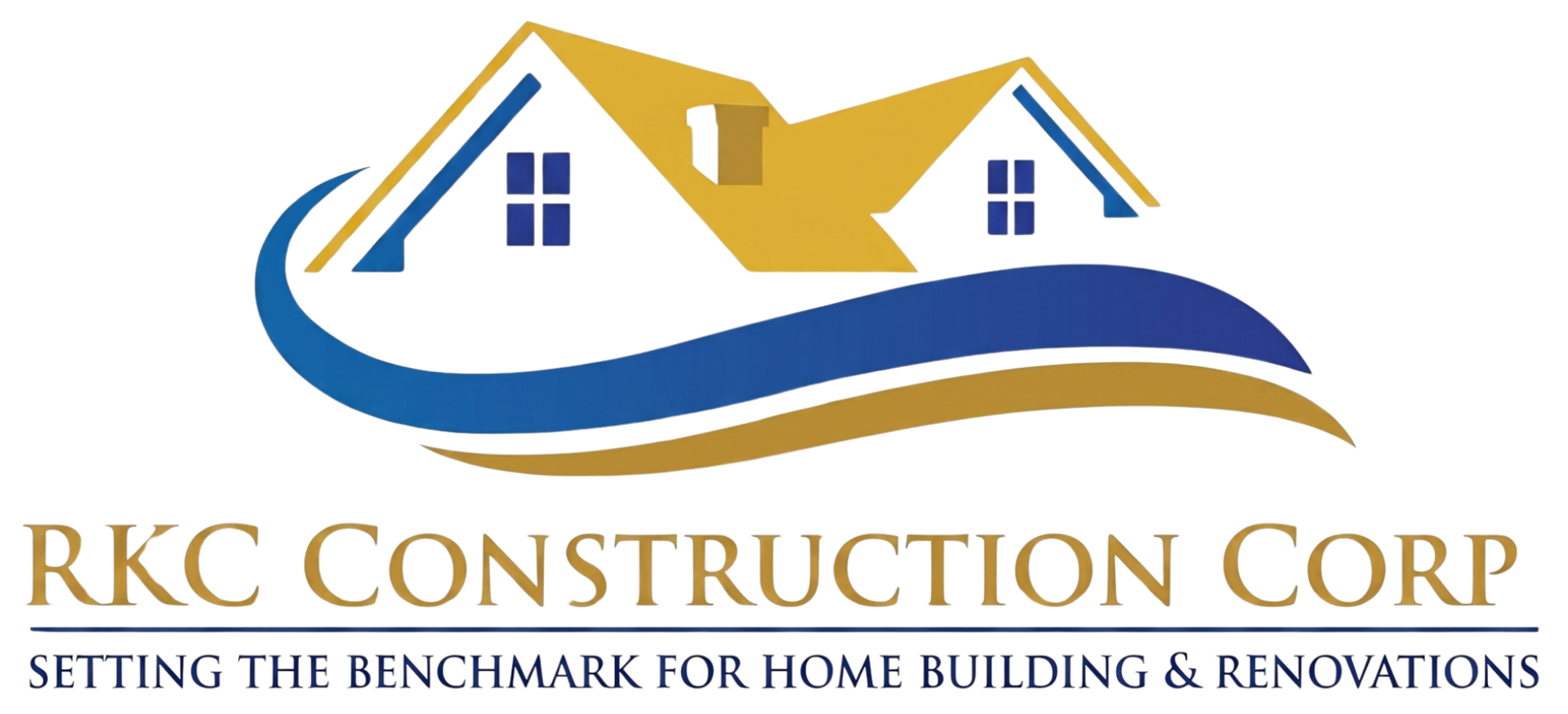 RKC Construction Corp logo with house roof graphic in blue, gold, and white