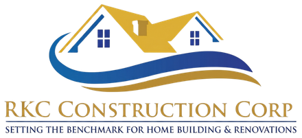 RKC Construction Corp logo with house roof graphic in blue, gold, and white