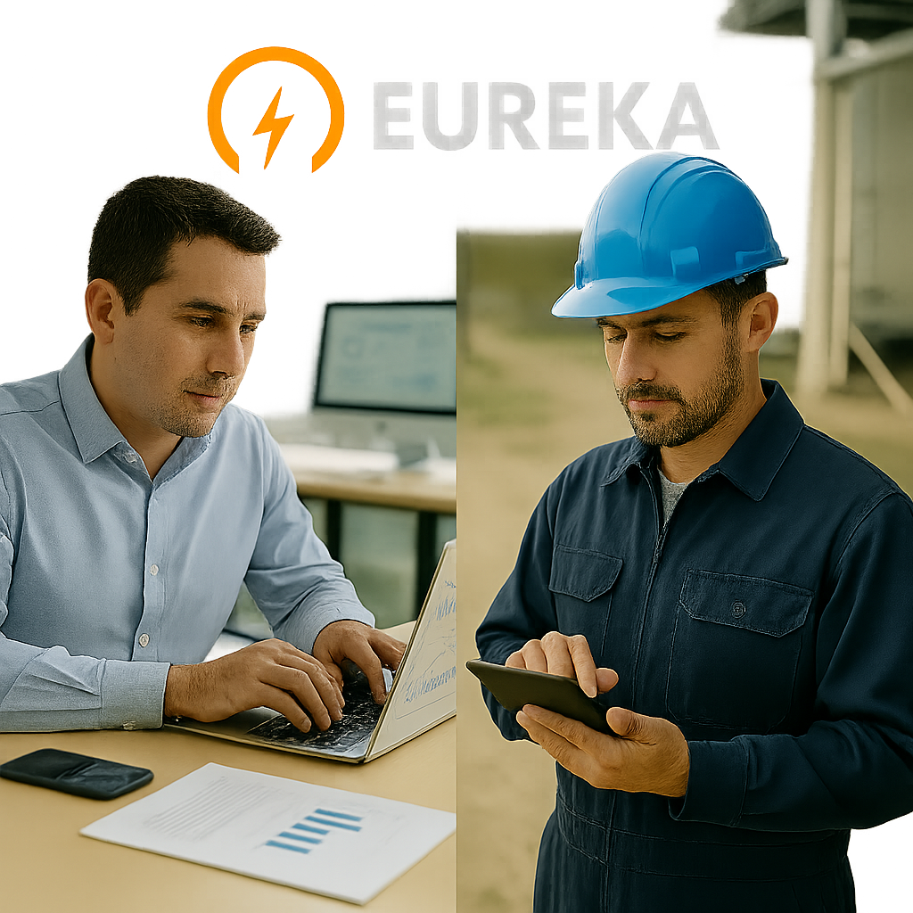 Dos trabajadores revisando una tableta y un ordenador portátil en una oficina, con el logotipo de EUREKA en la parte superior.