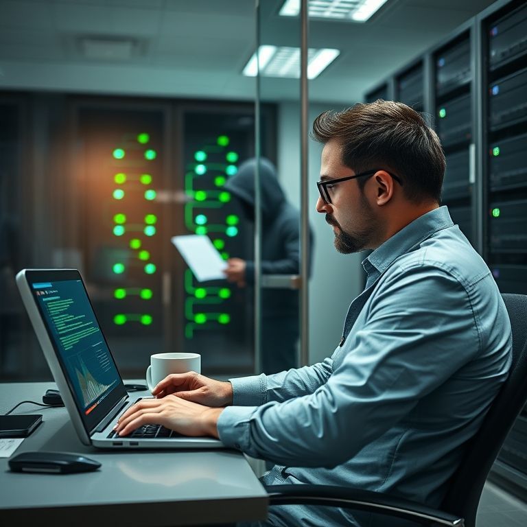 Firewall Ejecutivo trabajando mientras un hacker intenta robar sus datos