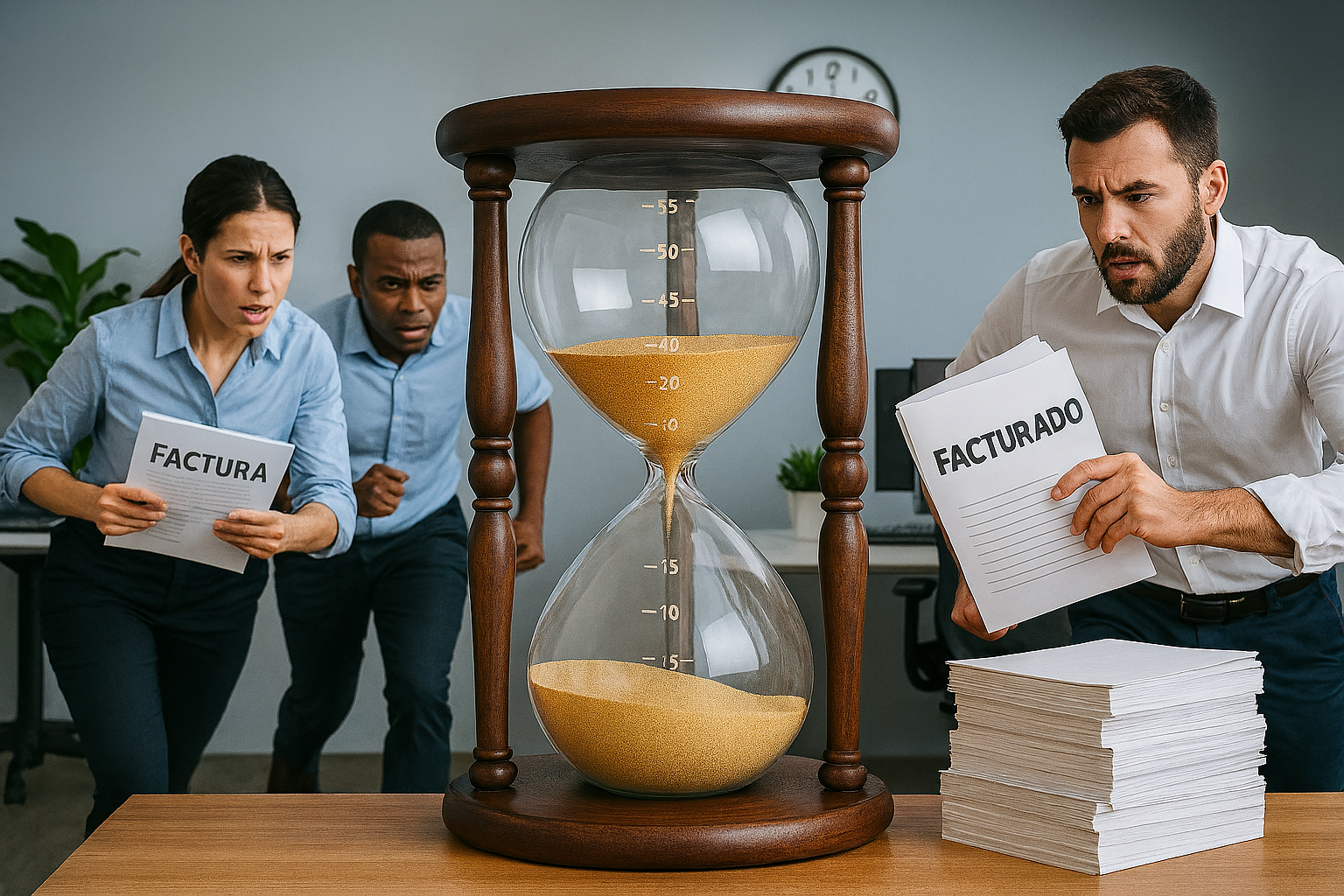 Sistema de Facturacion 3 empleados de oficina estresados por generar la facturación a tiempo