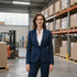 Woman in a navy suit standing in a warehouse aisle with stacked boxes and a forklift nearby