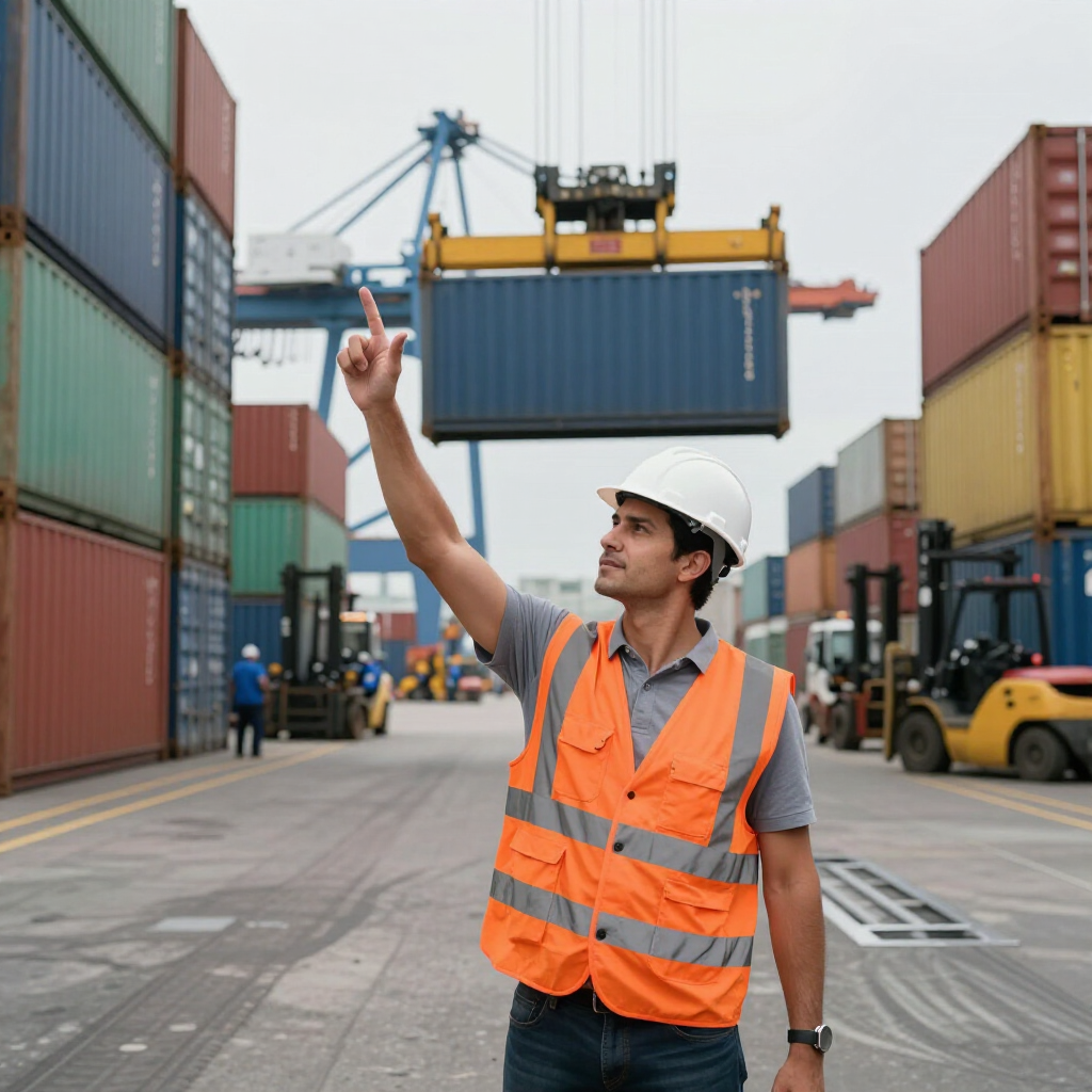 Dock worker in orange vest and white hard hat directing a container crane at a shipping port