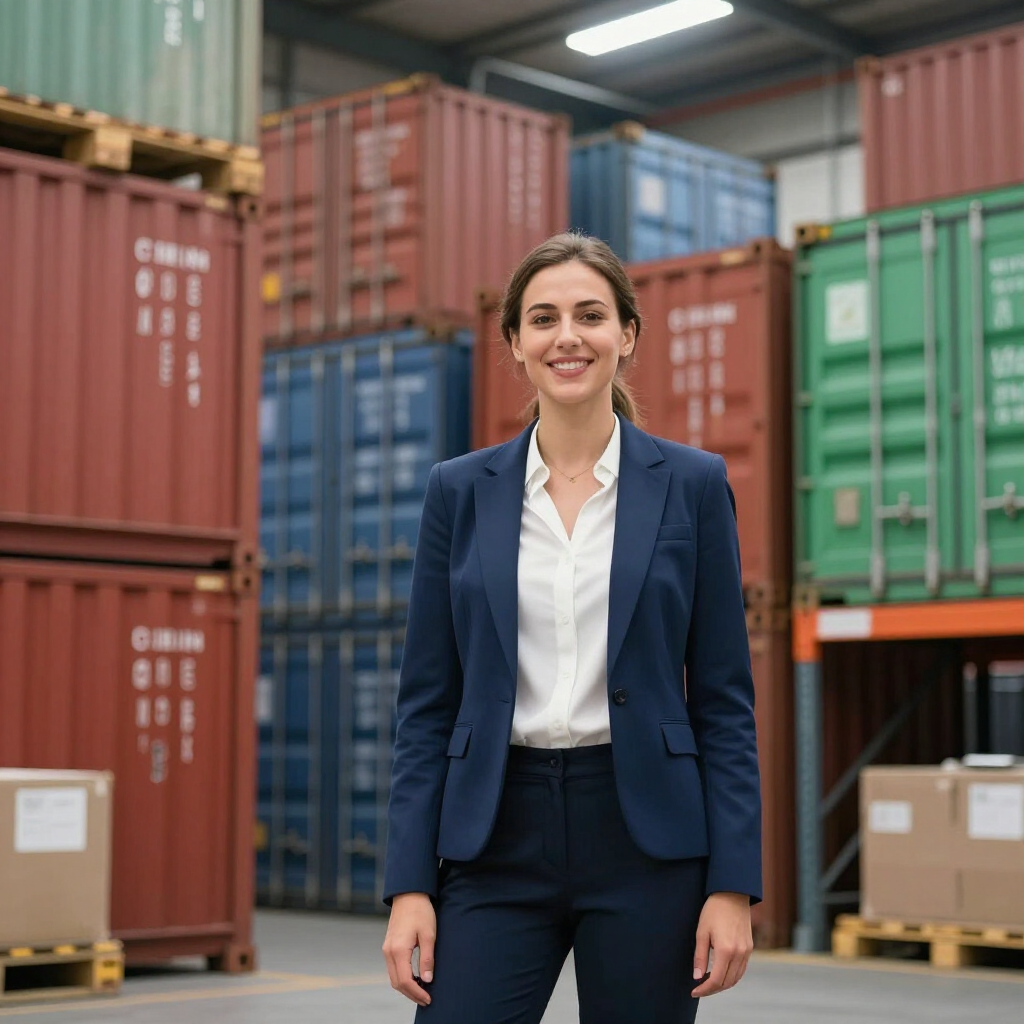 Smiling professional in navy suit standing in a warehouse with stacked shipping containers.