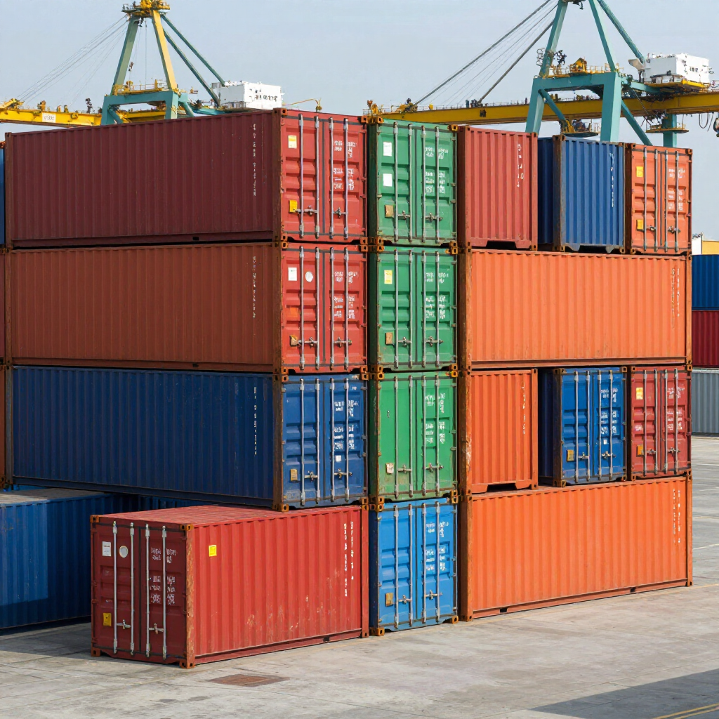 Stacks of colorful shipping containers at a port, with cranes visible above them.