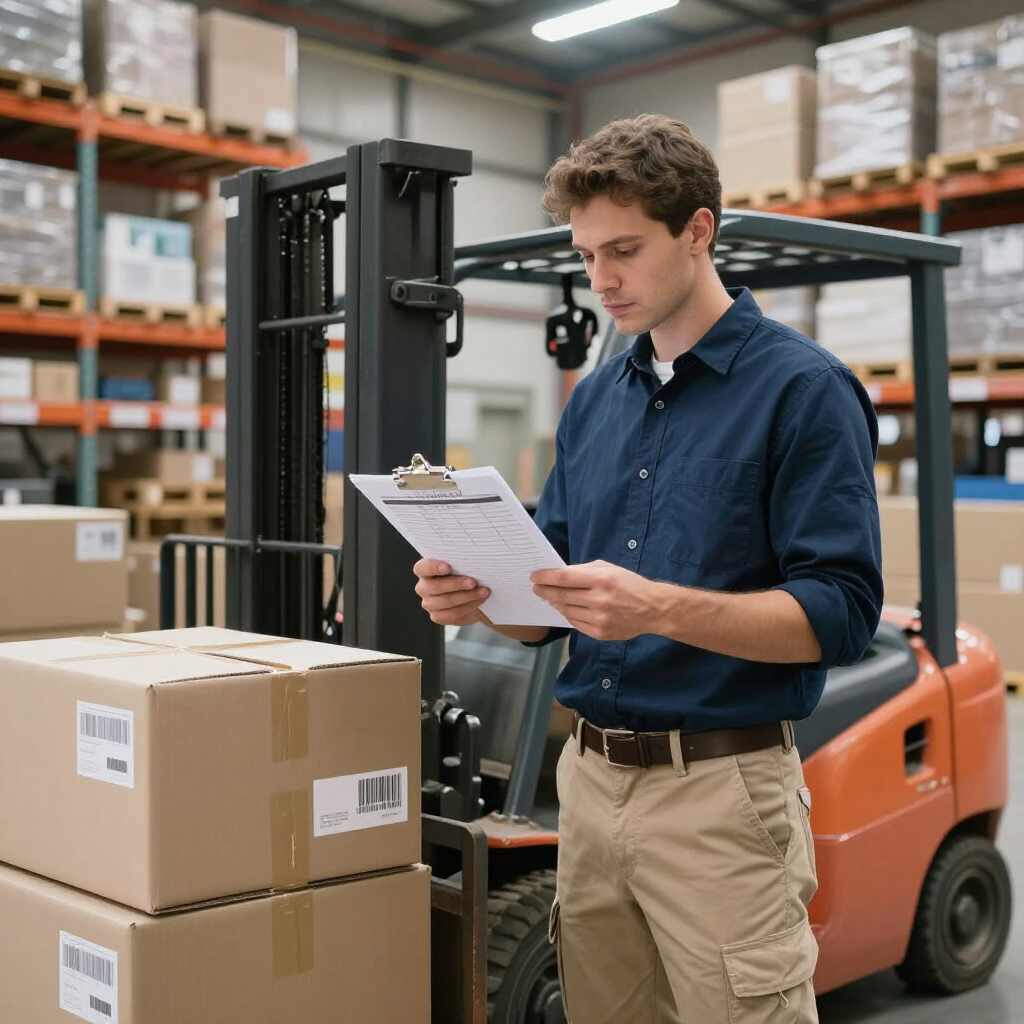 Warehouse worker checking clipboard beside forklift and stacked boxes
