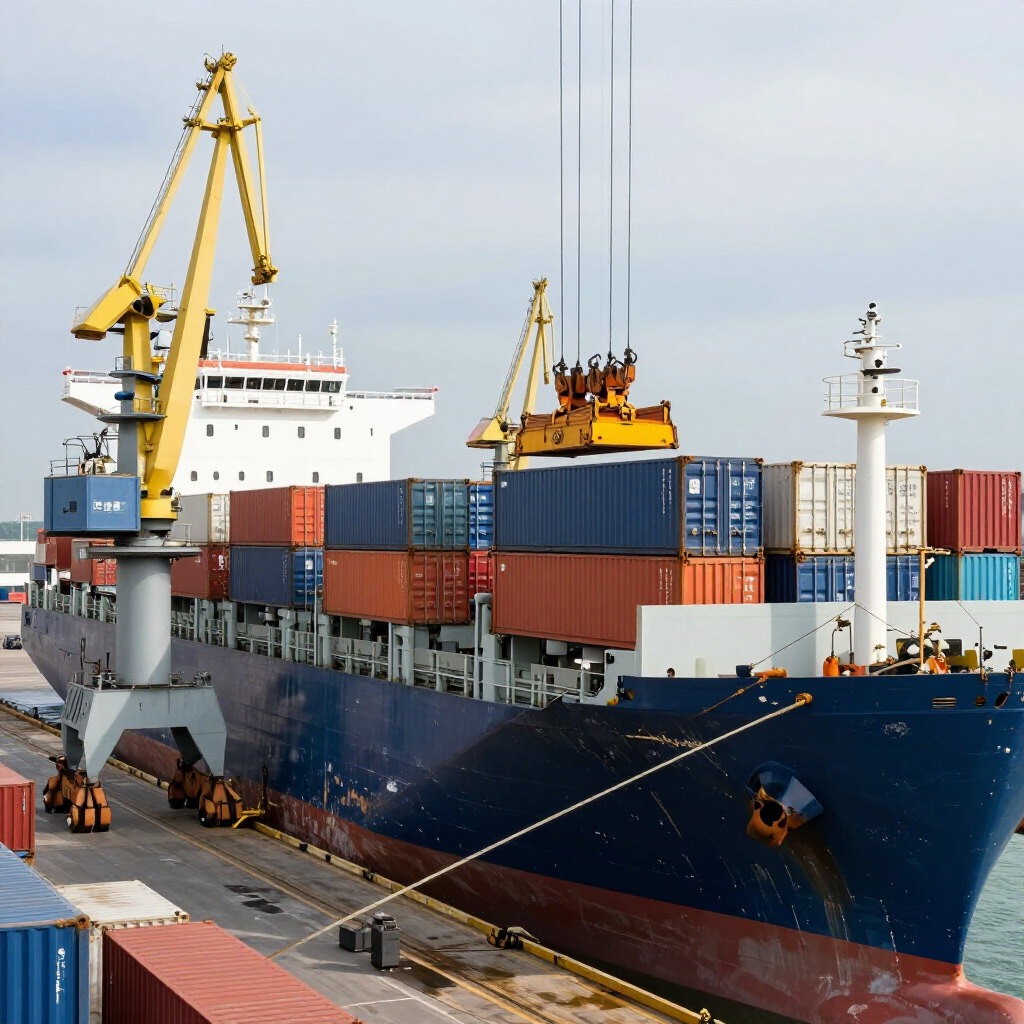 Cargo ship loaded with colorful containers being lifted by cranes at a busy port