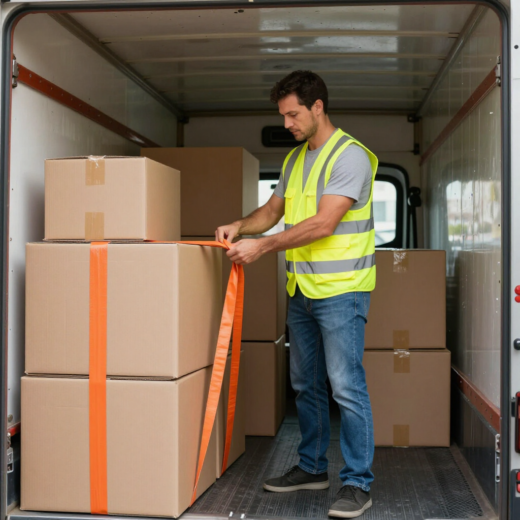 Worker securing boxes with orange straps inside a delivery truck