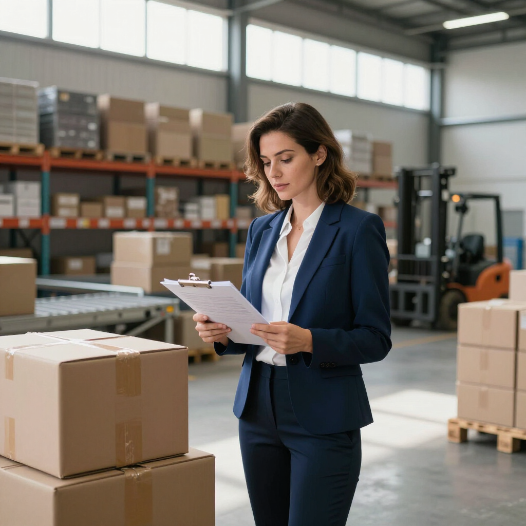 Warehouse worker reviewing a clipboard beside stacked boxes and a forklift