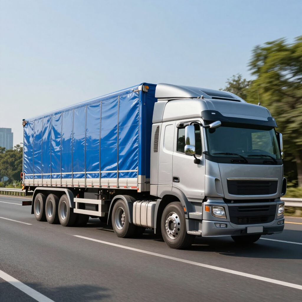 A silver semi-truck with a blue curtain-sided trailer driving on a highway on a sunny day.