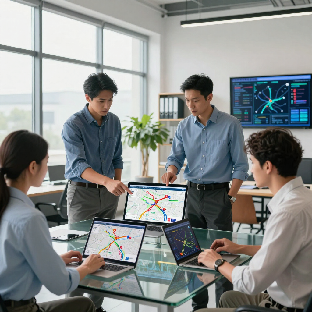 Team meeting around laptops and tablets in a bright office with digital maps displayed on screens