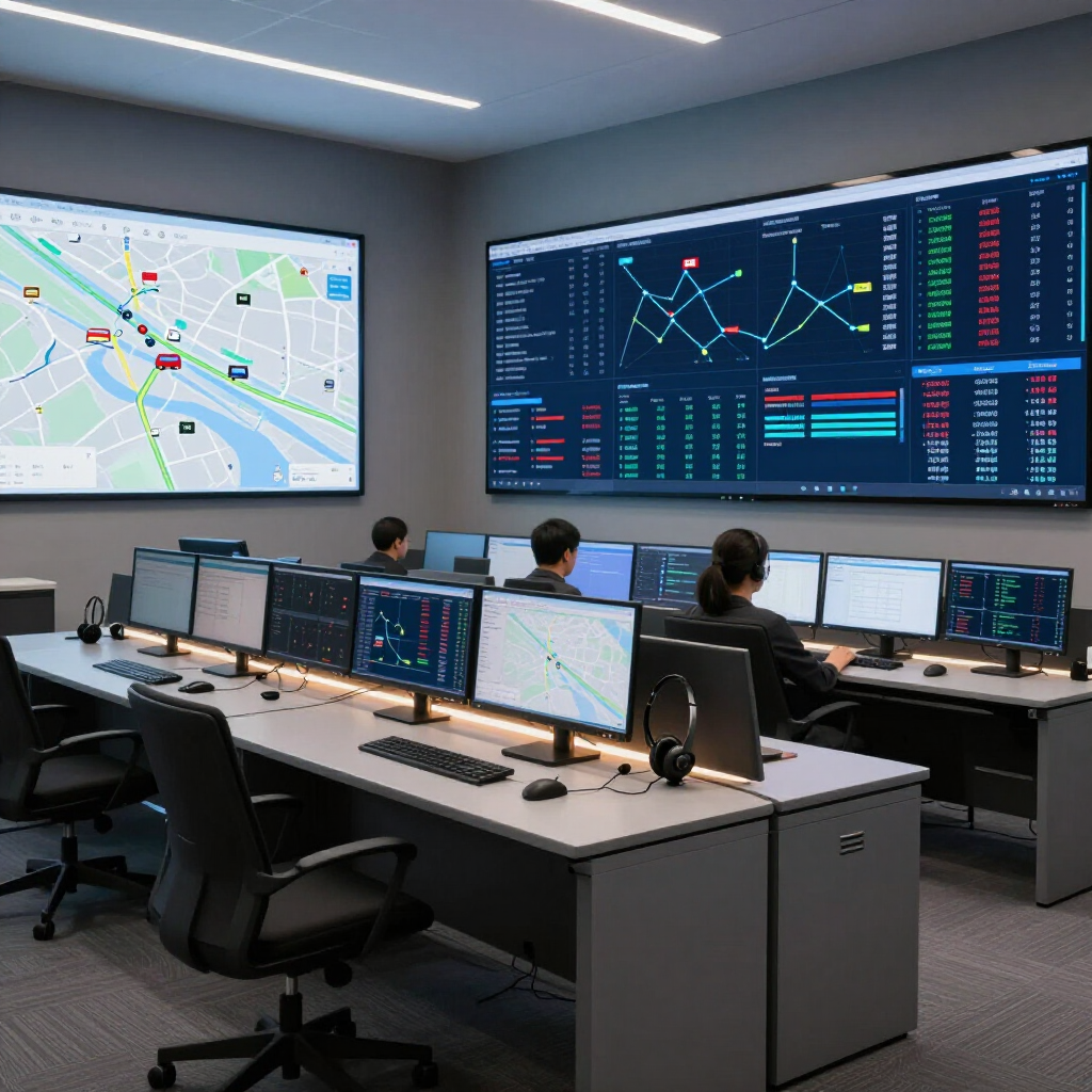 A modern command center with personnel working at desks facing large wall displays showing digital maps and data charts.