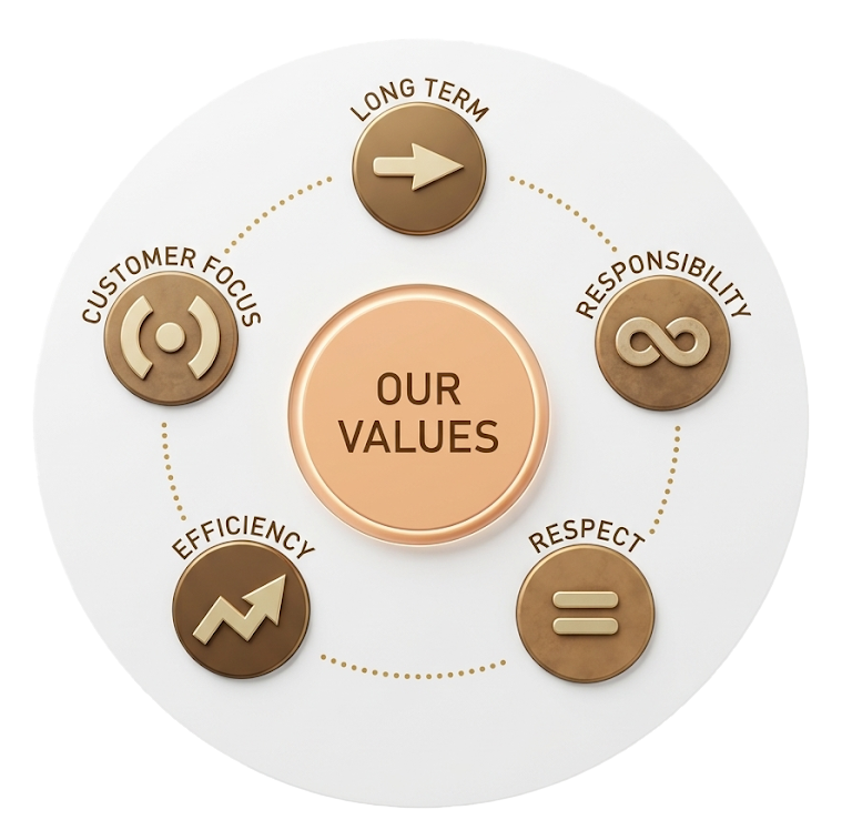Long Term, Responsibility, Respect, Efficiency, Customer Focus.