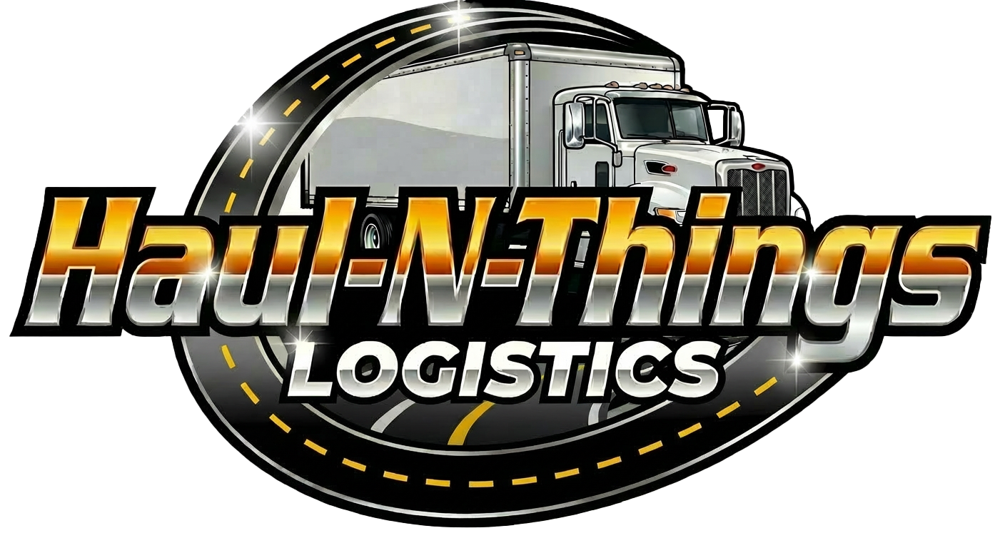 Haul-N-Things Logistics logo with a semi-truck over a black oval and orange-yellow text