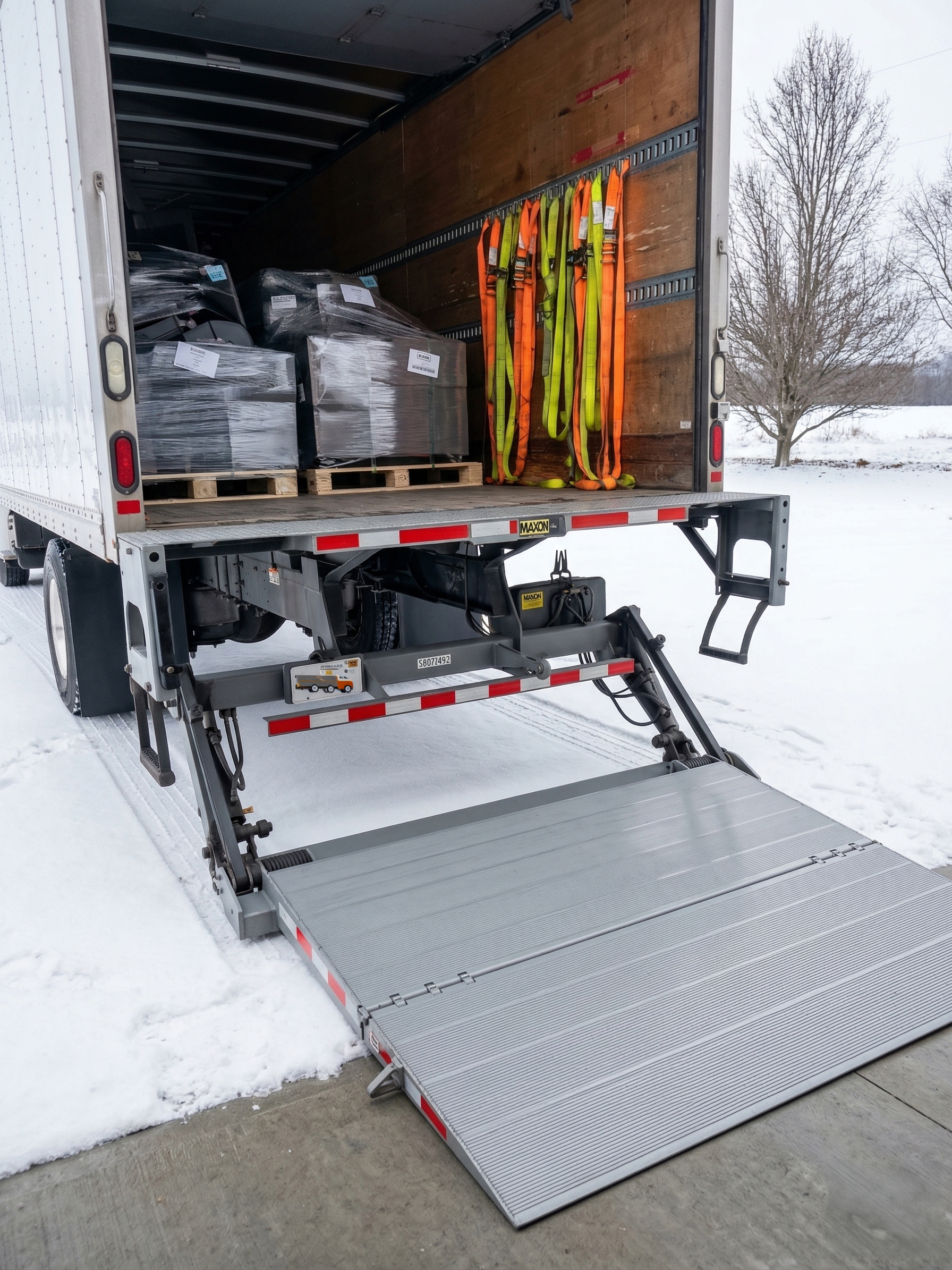 Delivery truck with a lowered ramp and cargo inside, parked in the snow