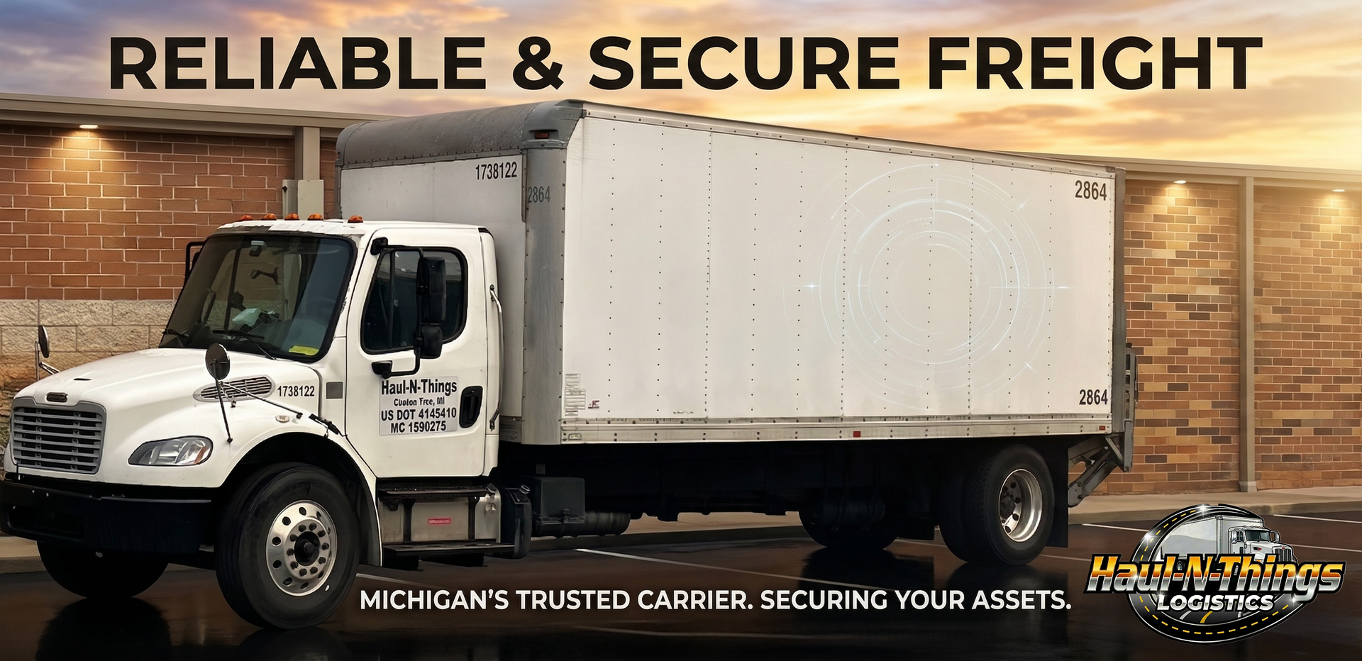 White box truck in front of brick building with “Reliable & Secure Freight” headline and company logo.