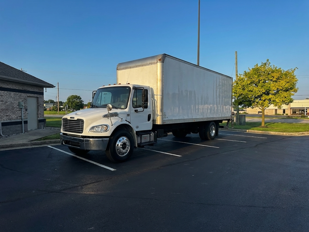 White box truck parked in a lot beside a building under a clear blue sky