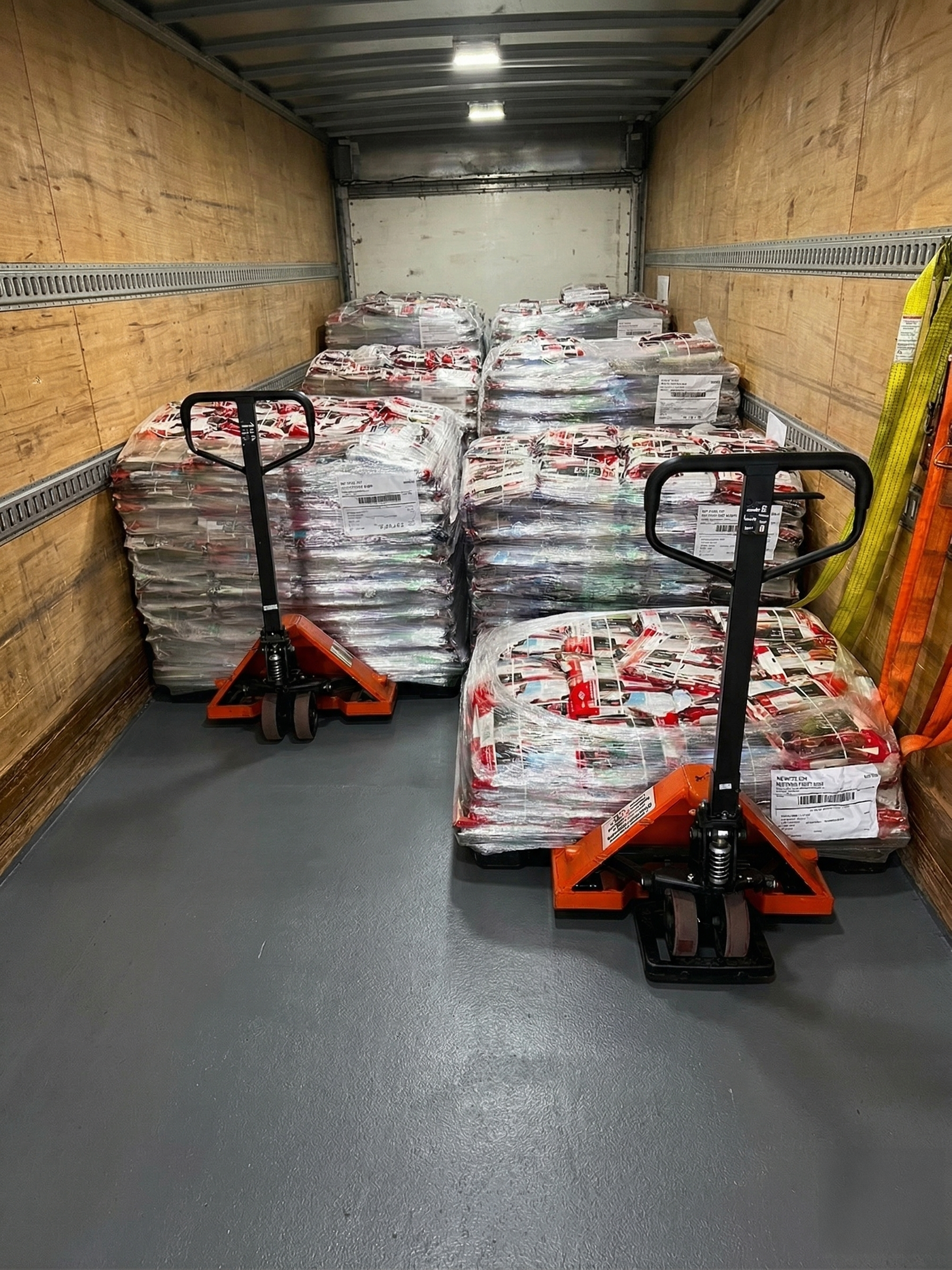 Loaded moving truck with palletized boxes and two orange pallet jacks inside