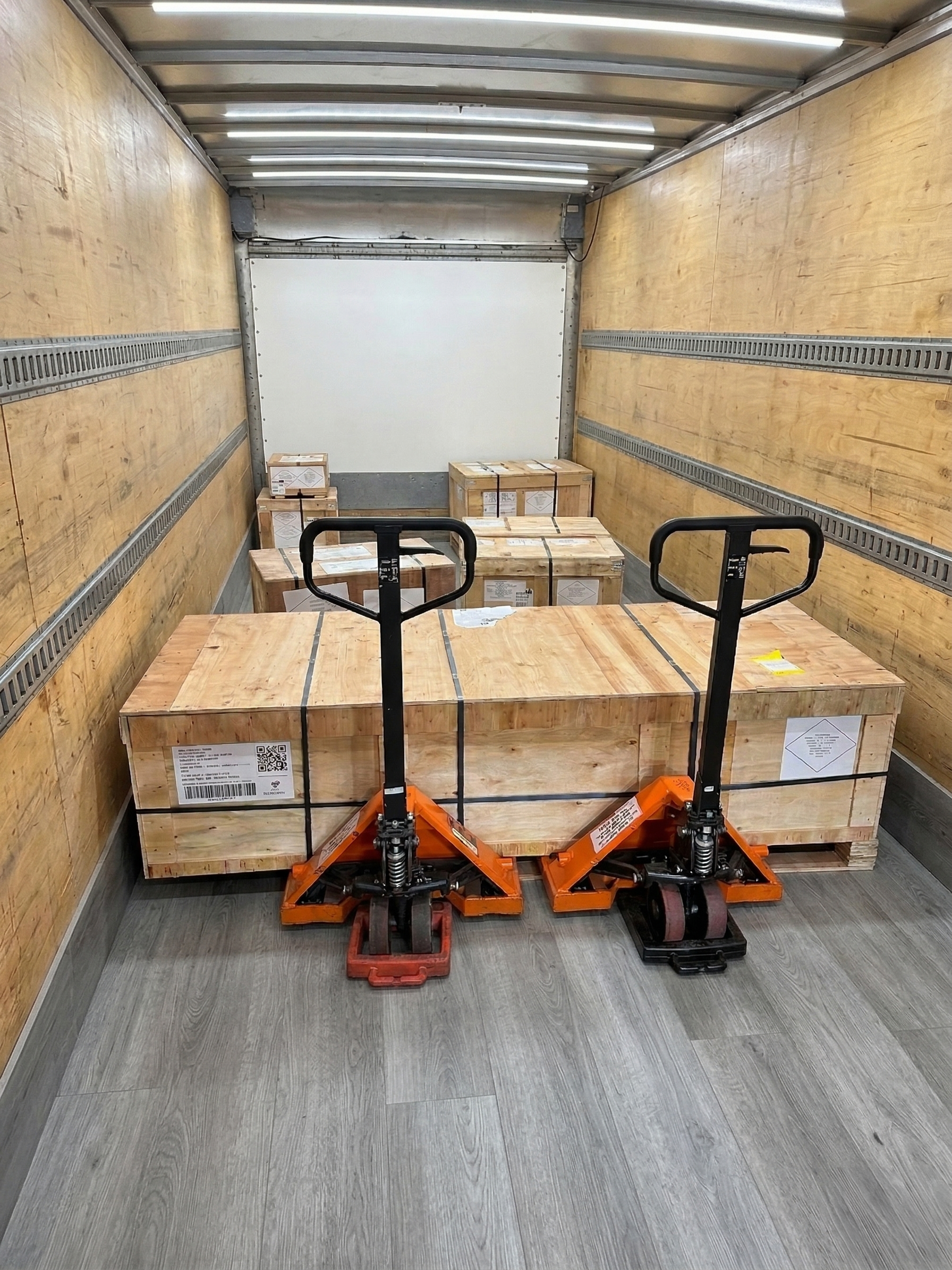 Two orange pallet jacks in a truck trailer loaded with stacked cardboard boxes.