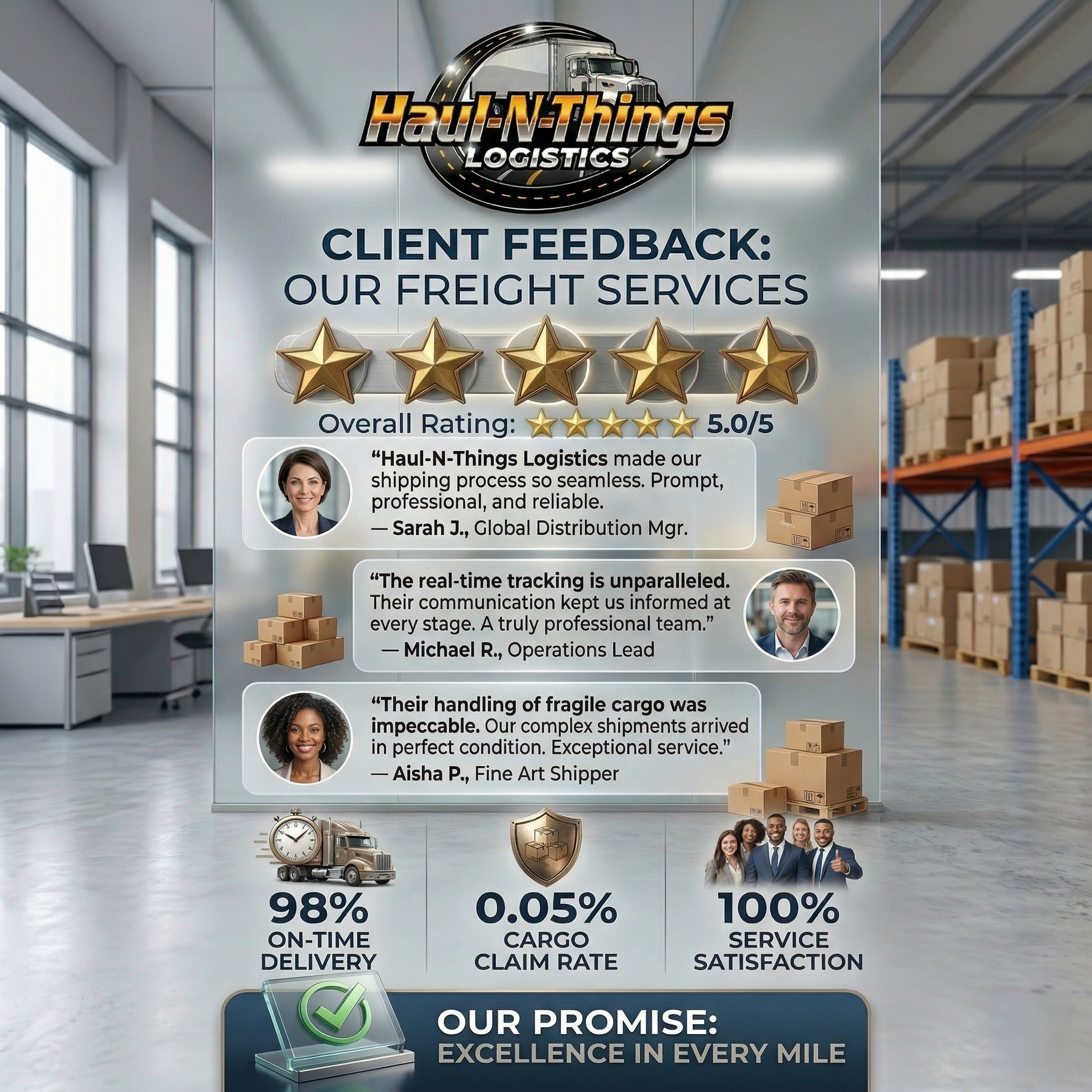 Freight services client feedback poster with five-star ratings, testimonials, and warehouse background