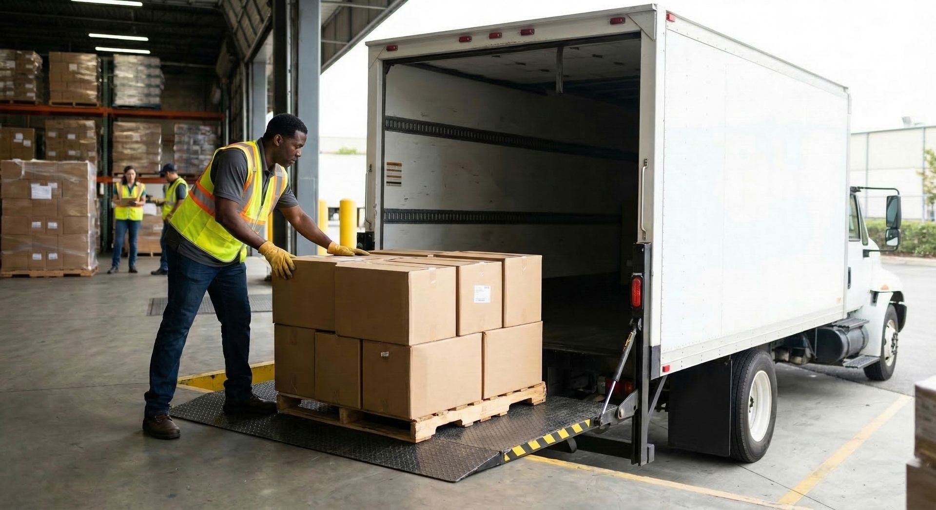 Worker loading stacked cardboard boxes into a white delivery truck at a warehouse dock