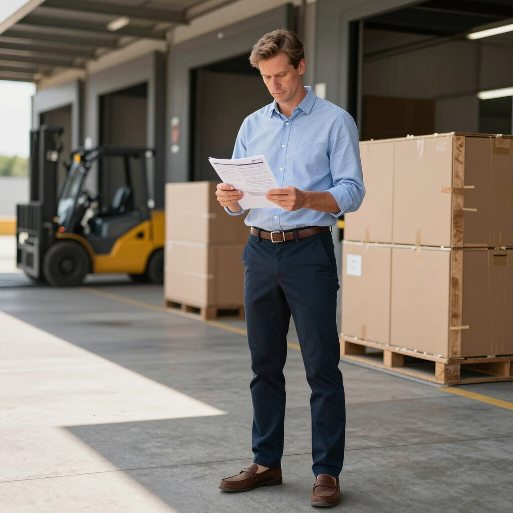 Warehouse worker checking paperwork beside stacked pallets and a forklift in a loading area