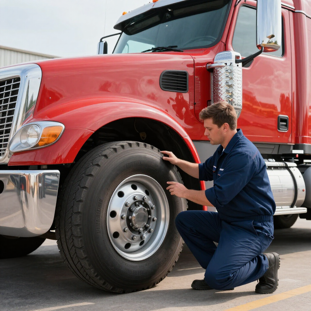 Mechanic inspecting a red semi-truck’s front tire in a service yard