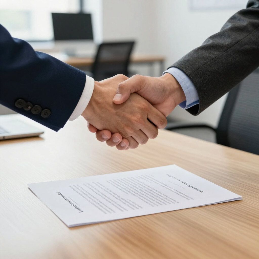 Two people in suits shaking hands over a desk with a signed document in the foreground.