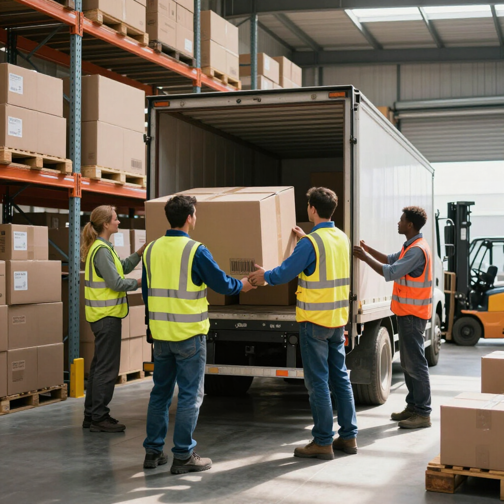 Workers in high-visibility vests loading a large box into a delivery truck inside a warehouse