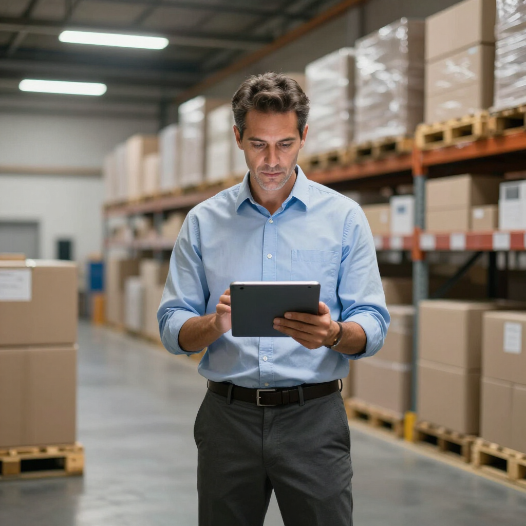 Worker using a tablet in a warehouse aisle among stacked boxes and shelves.
